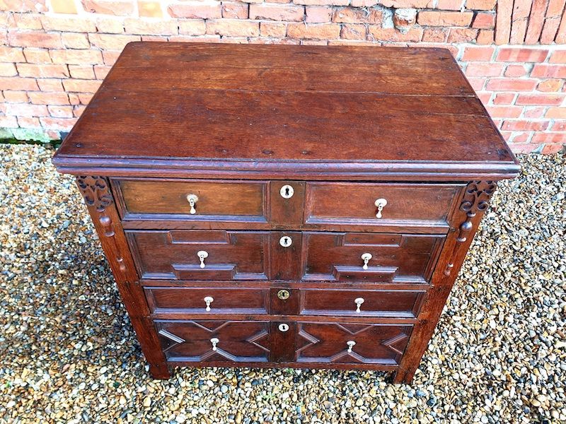 17th Century English Antique Oak Geometric Chest of Drawers, Circa 1680