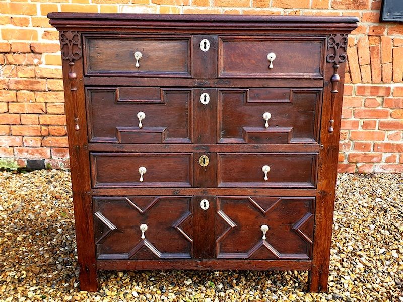 17th Century English Antique Oak Geometric Chest of Drawers, Circa 1680