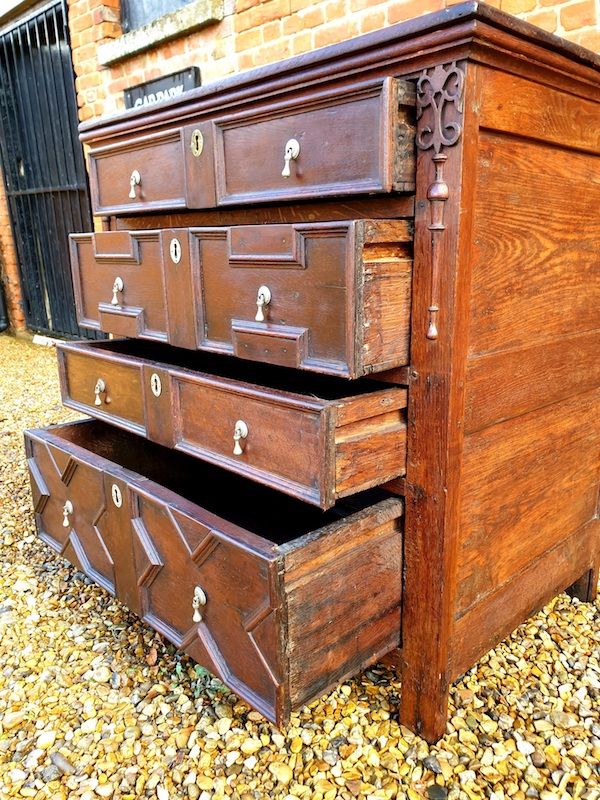17th Century English Antique Oak Geometric Chest of Drawers, Circa 1680