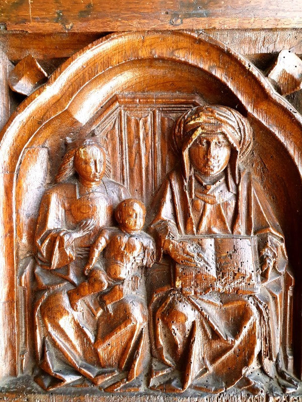 Rare Late 15thC / Early 16thC French Antique Carved Oak Door Panel, Depicting The Virgin, Saint Anne & Christ