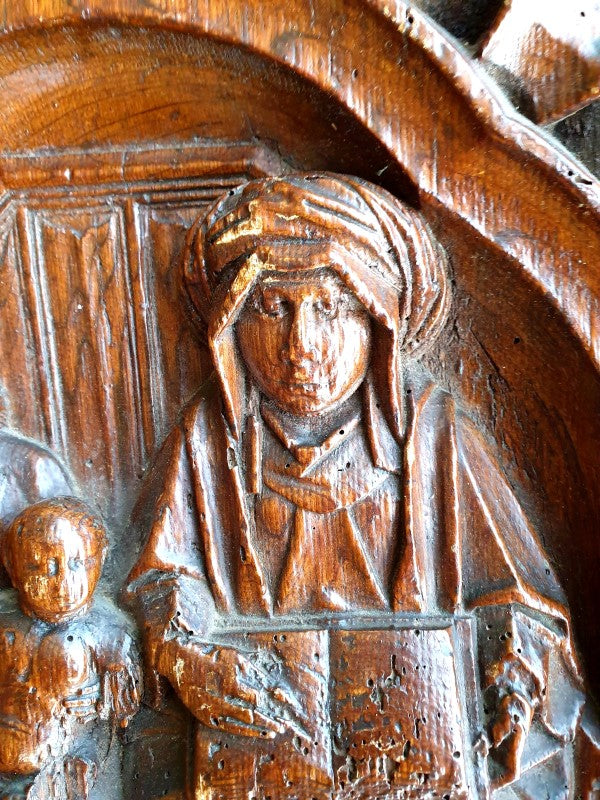 Rare Late 15thC / Early 16thC French Antique Carved Oak Door Panel, Depicting The Virgin, Saint Anne & Christ
