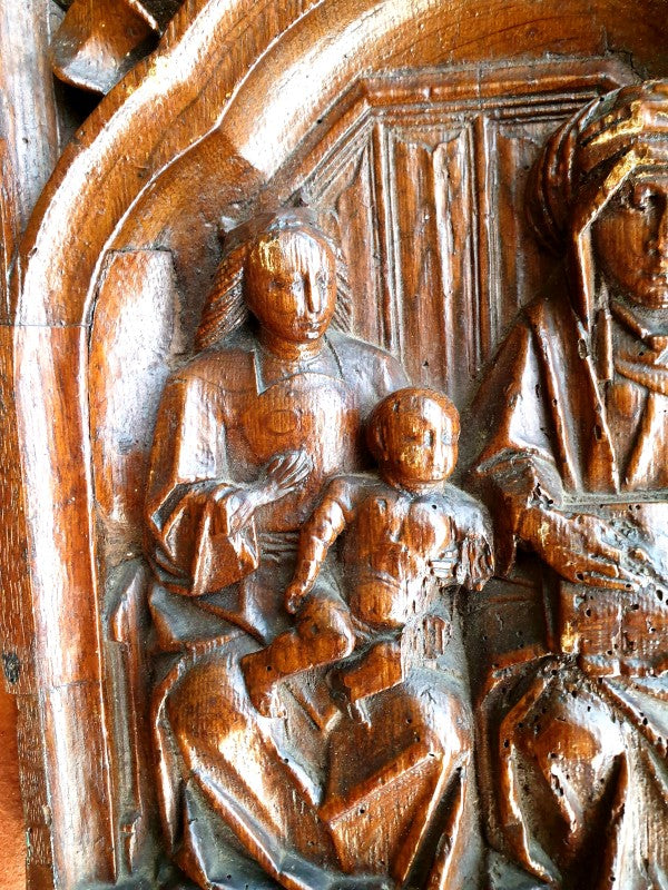 Rare Late 15thC / Early 16thC French Antique Carved Oak Door Panel, Depicting The Virgin, Saint Anne & Christ