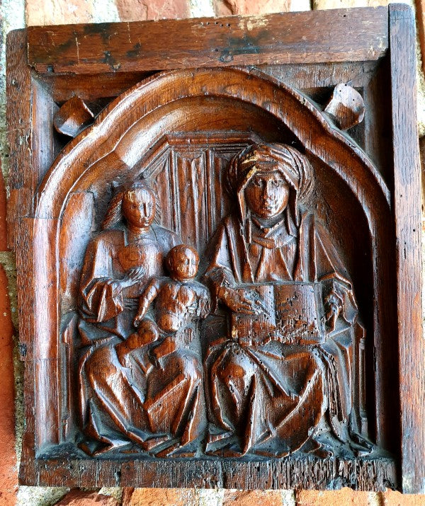 Rare Late 15thC / Early 16thC French Antique Carved Oak Door Panel, Depicting The Virgin, Saint Anne & Christ