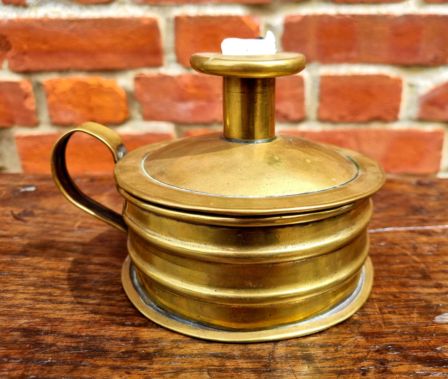 Mid 19th Century English Antique Brass Tinder Box Engraved With The Coat of Arms of Clifton College, Bristol, England