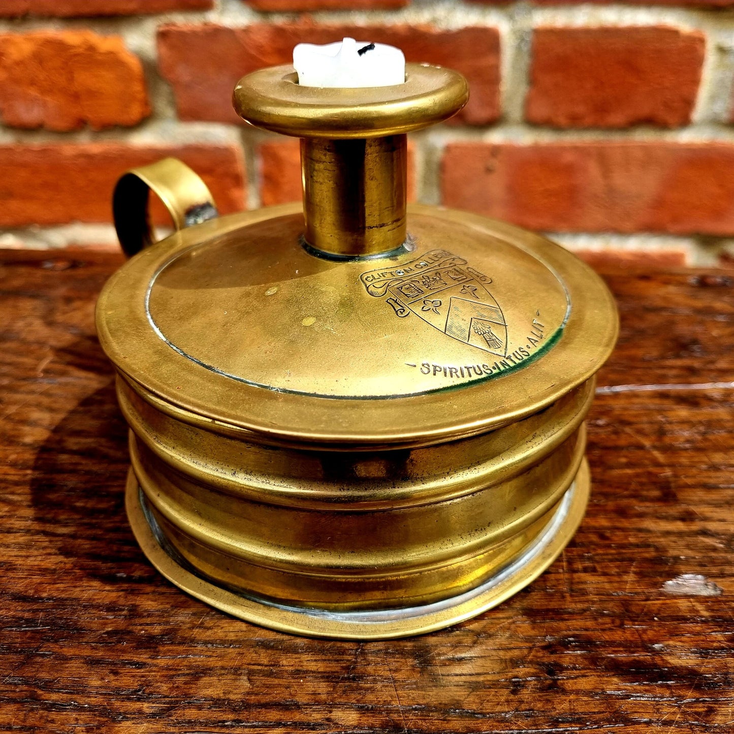 Mid 19th Century English Antique Brass Tinder Box Engraved With The Coat of Arms of Clifton College, Bristol, England