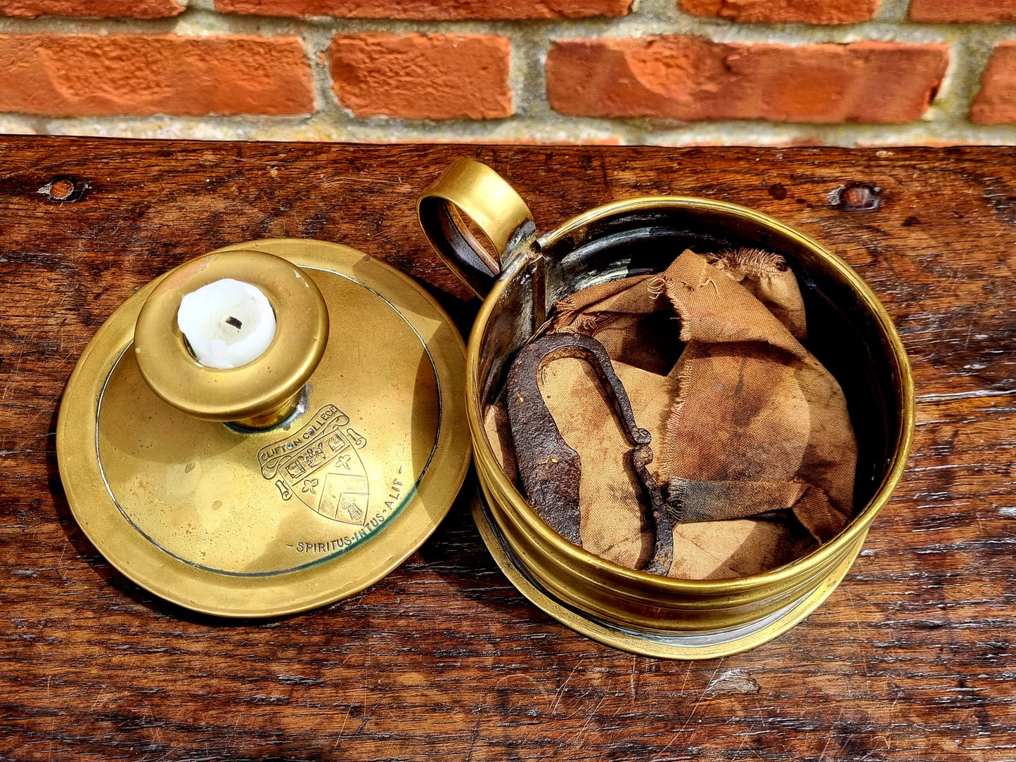 Mid 19th Century English Antique Brass Tinder Box Engraved With The Coat of Arms of Clifton College, Bristol, England