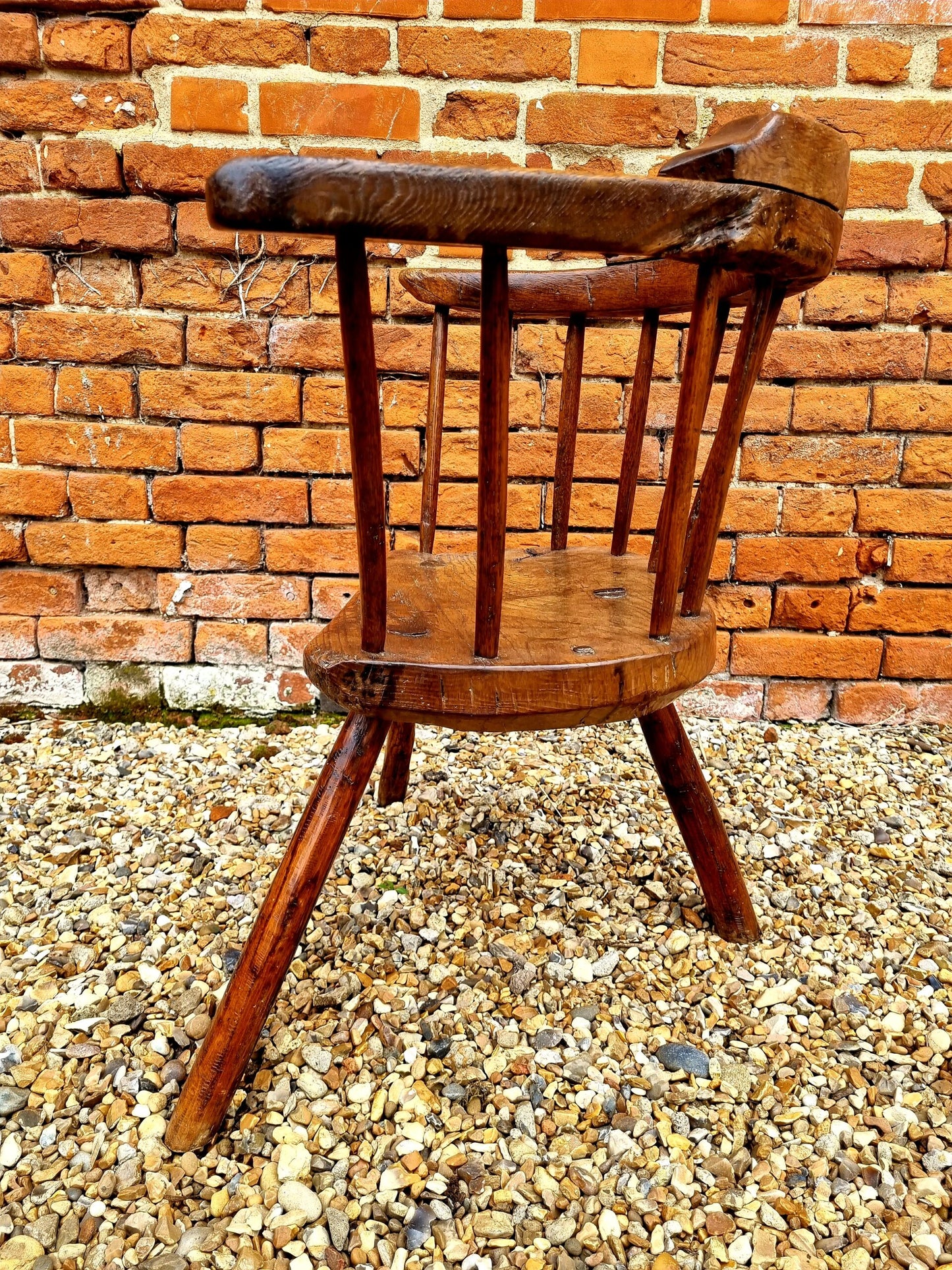 Early 19th Century George III Period Primitive Welsh Antique Oak, Ash and Elm Three-Legged Yolk Back Armchair, Circa 1800