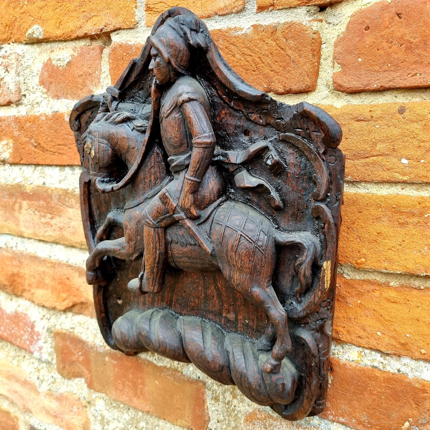Late 18thC / Early 19thC English Antique Wood Carving Depicting a Knight on Horseback