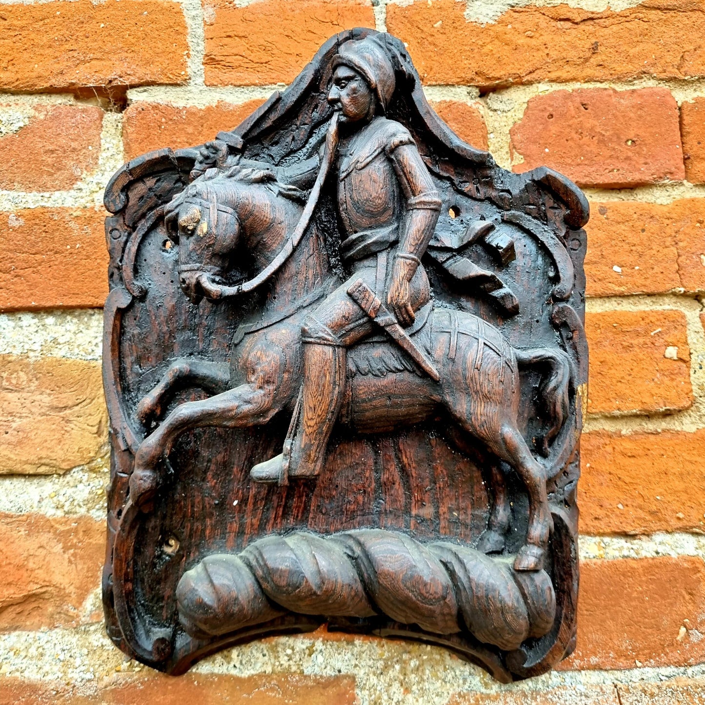 Late 18thC / Early 19thC English Antique Wood Carving Depicting a Knight on Horseback
