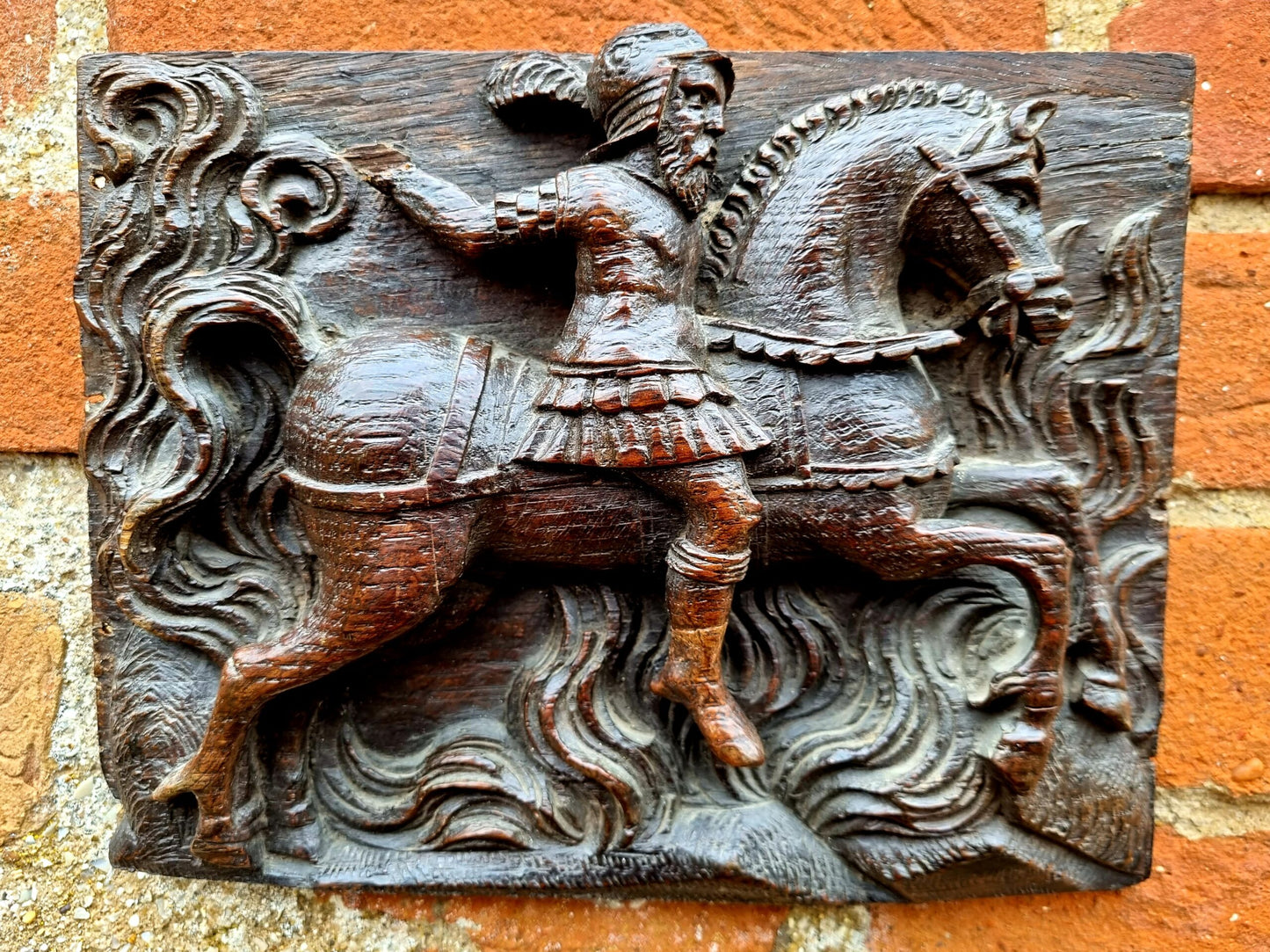 Early 17thC Flemish Antique Carved Oak Panel Depicting a Classical Soldier Riding Upon a Horse