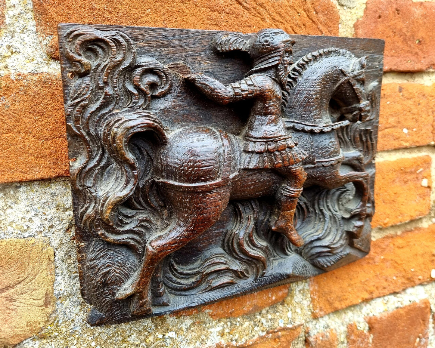 Early 17thC Flemish Antique Carved Oak Panel Depicting a Classical Soldier Riding Upon a Horse