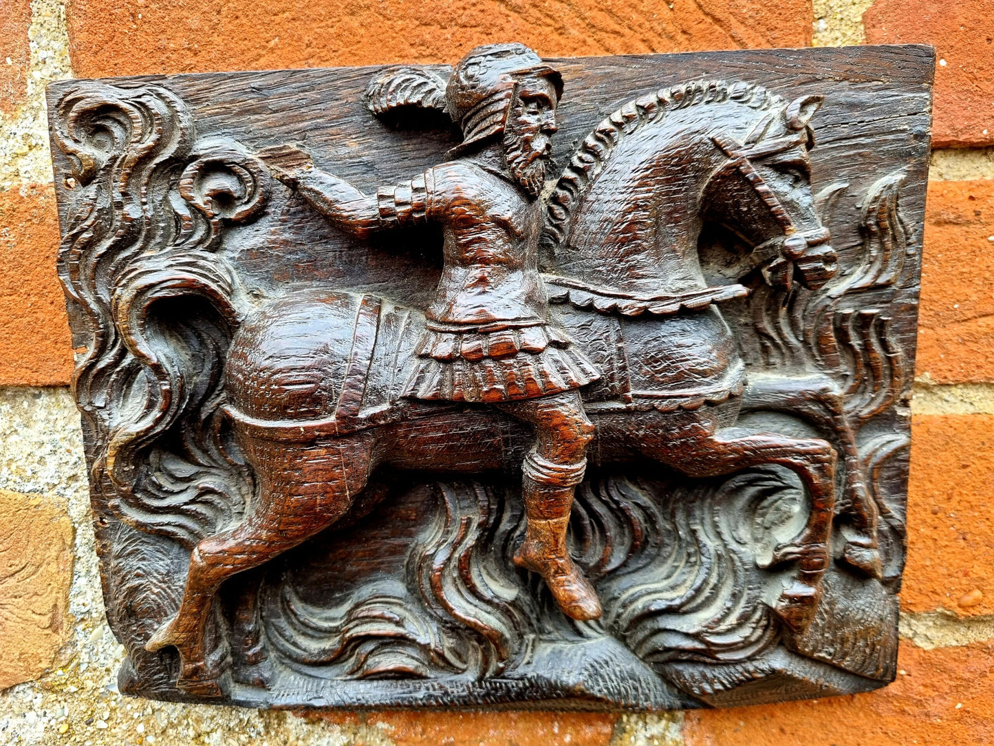 Early 17thC Flemish Antique Carved Oak Panel Depicting a Classical Soldier Riding Upon a Horse