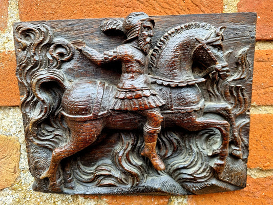 Early 17thC Flemish Antique Carved Oak Panel Depicting a Classical Soldier Riding Upon a Horse