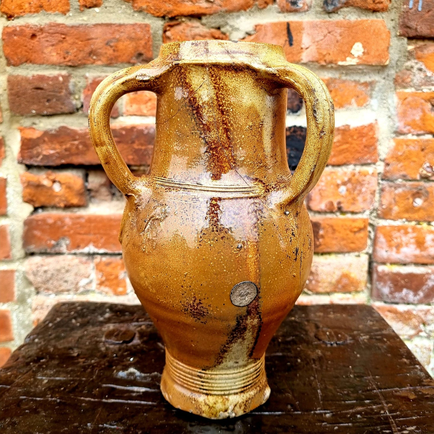 Rare Mid 16thC Antique Raerenware Three Handled Salt Glazed Stoneware Jug or Dreihenkelkrug, Circa 1550