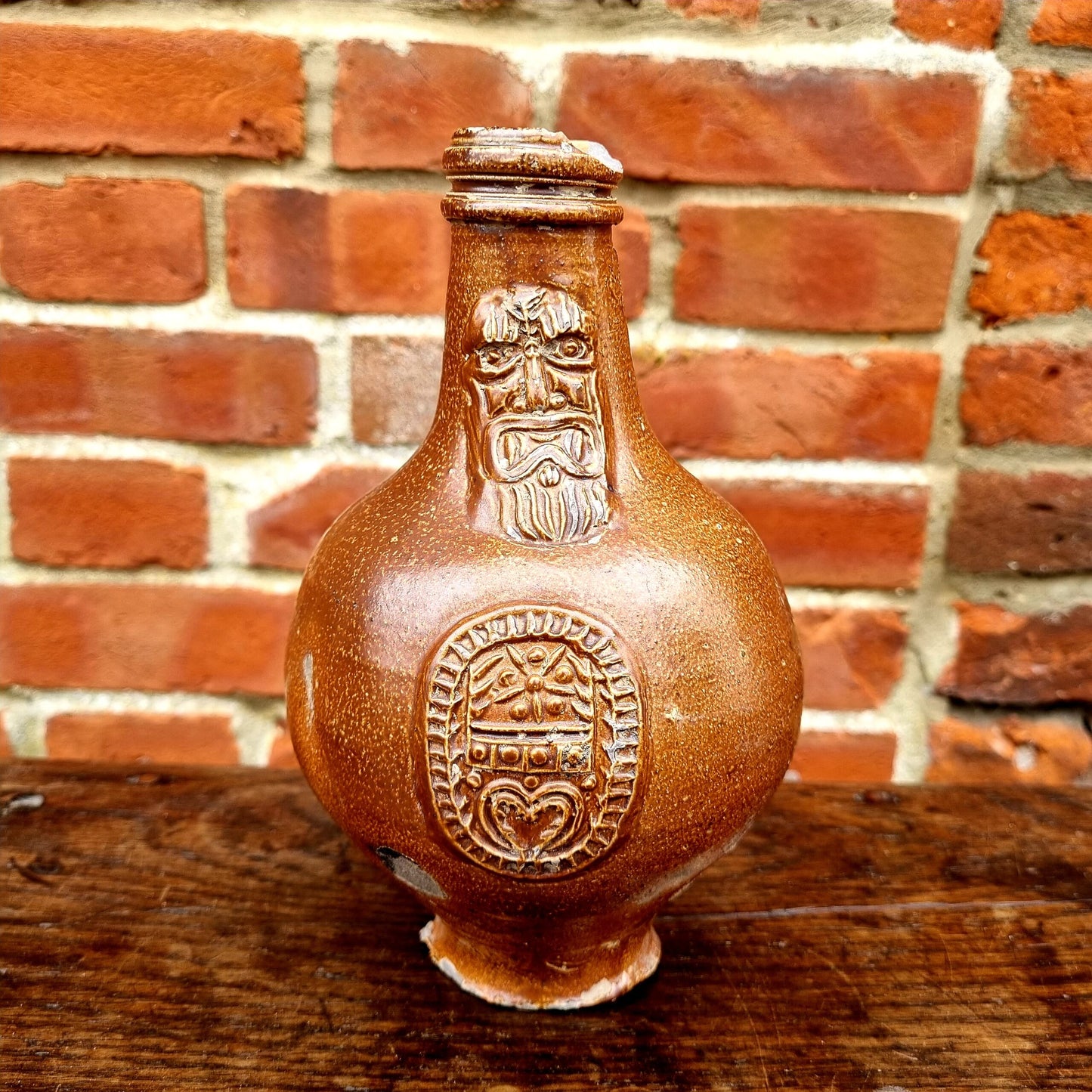 Mid 17th Century German Antique Stoneware Bellarmine Jug or Bartmannkrug, Circa 1625-1675