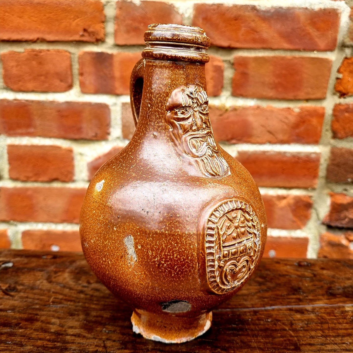 Mid 17th Century German Antique Stoneware Bellarmine Jug or Bartmannkrug, Circa 1625-1675
