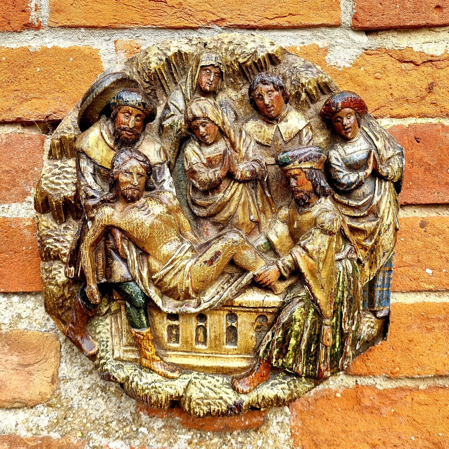 Early 16th Century Antique Carved Oak Tondo / Carved Oak Panel Depicting The Entombment of Christ, Circa 1500-1530