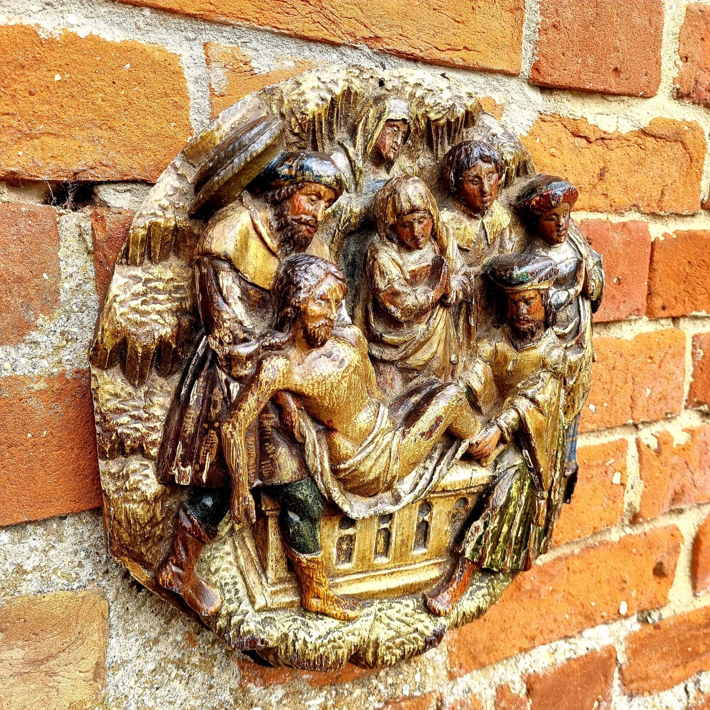 Early 16th Century Antique Carved Oak Tondo / Carved Oak Panel Depicting The Entombment of Christ, Circa 1500-1530
