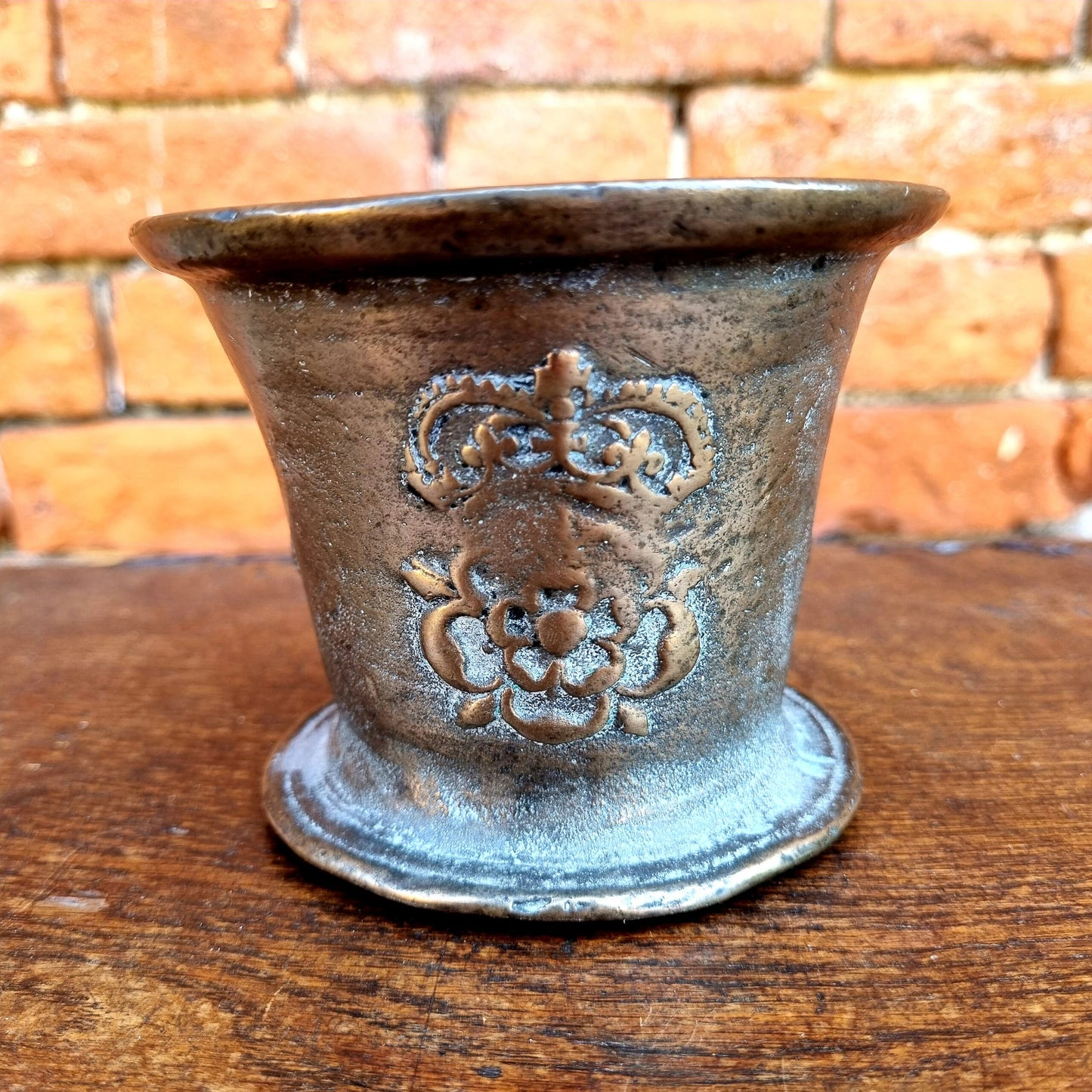 17th Century English Antique Bronze Mortar, Originating From Norfolk, East Anglia, With a Crowned Tudor Rose