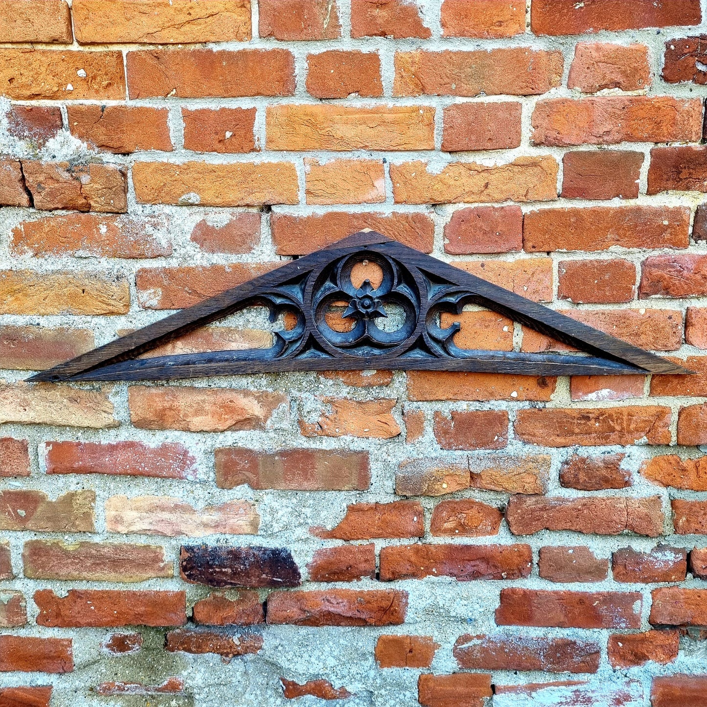16thC Antique Carved Oak Gothic Tracery Fragment of Triangular Form