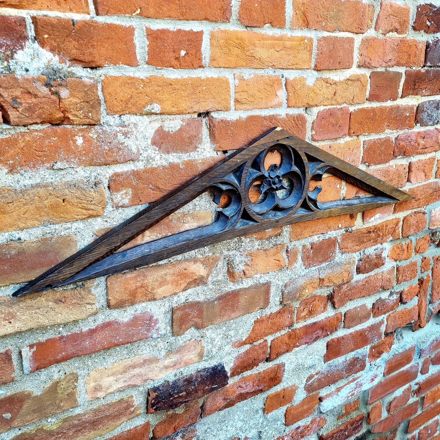16thC Antique Carved Oak Gothic Tracery Fragment of Triangular Form