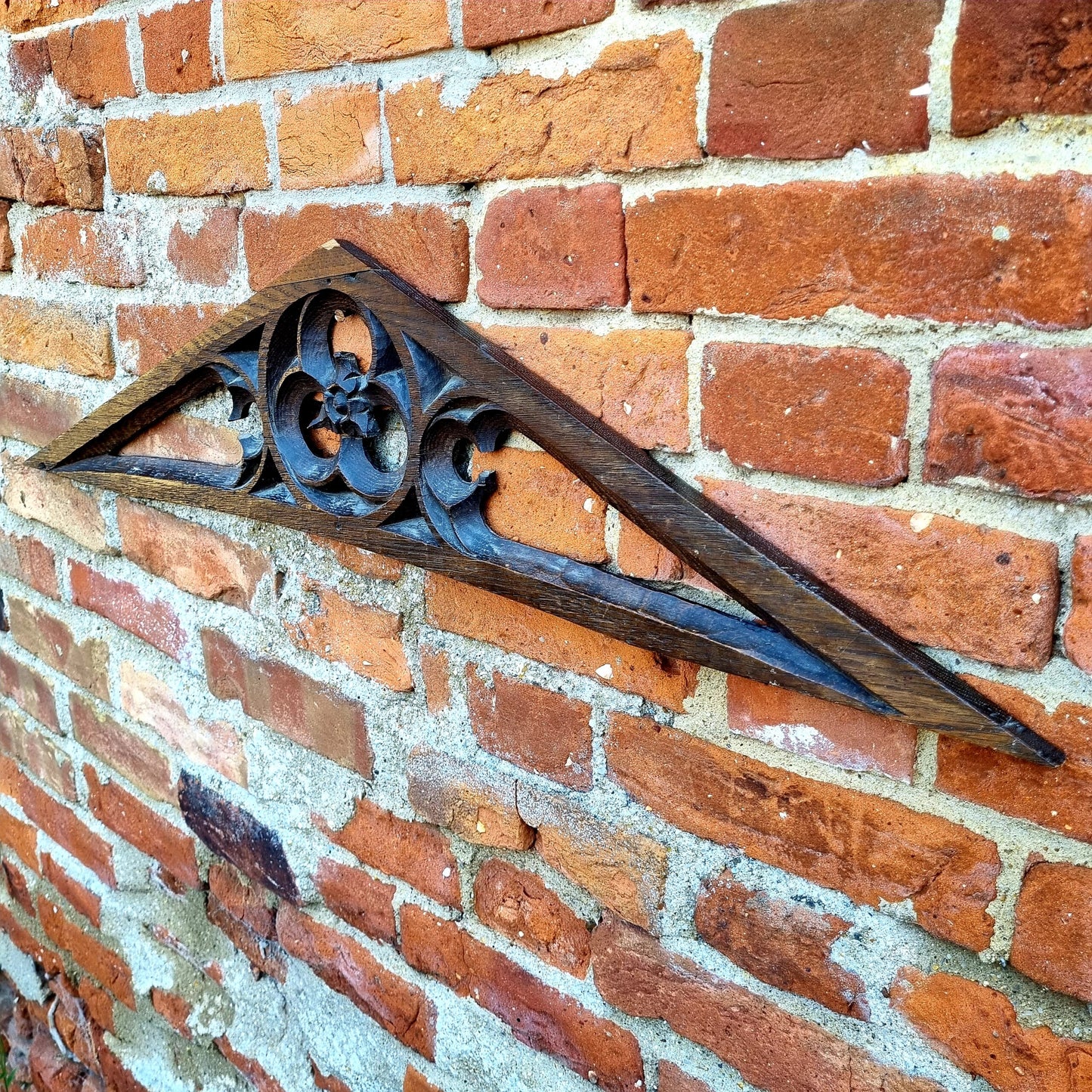 16thC Antique Carved Oak Gothic Tracery Fragment of Triangular Form