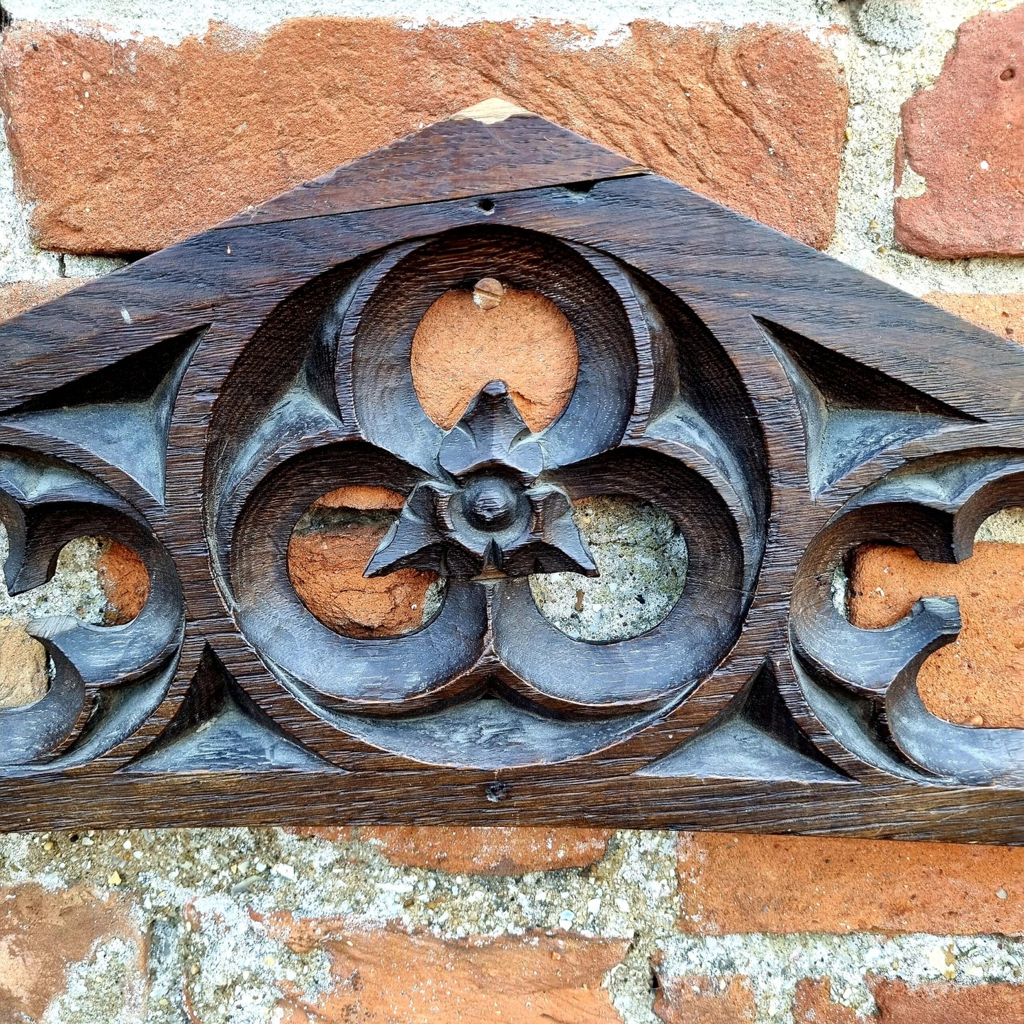 16thC Antique Carved Oak Gothic Tracery Fragment of Triangular Form