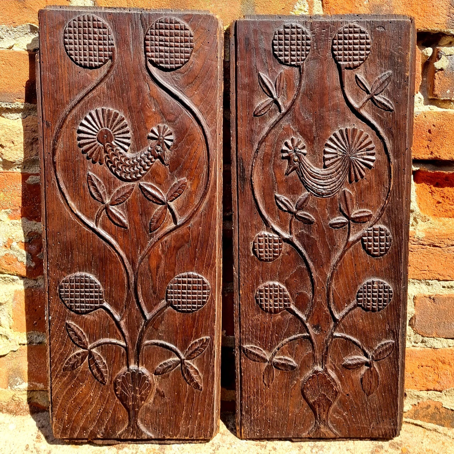 Rare Pair of Late 17th Century French Antique Carved Oak Panels Depicting Birds / Cockerels