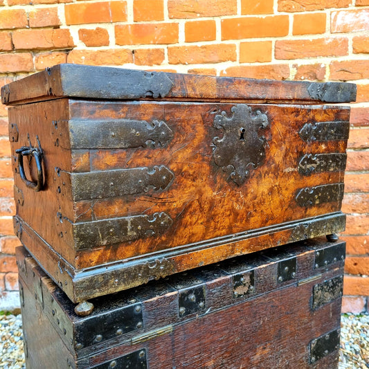 Stunning Late 16th Century Continental Antique Burr Wood Veneer Box with Original Iron Strapwork & Lock Plate