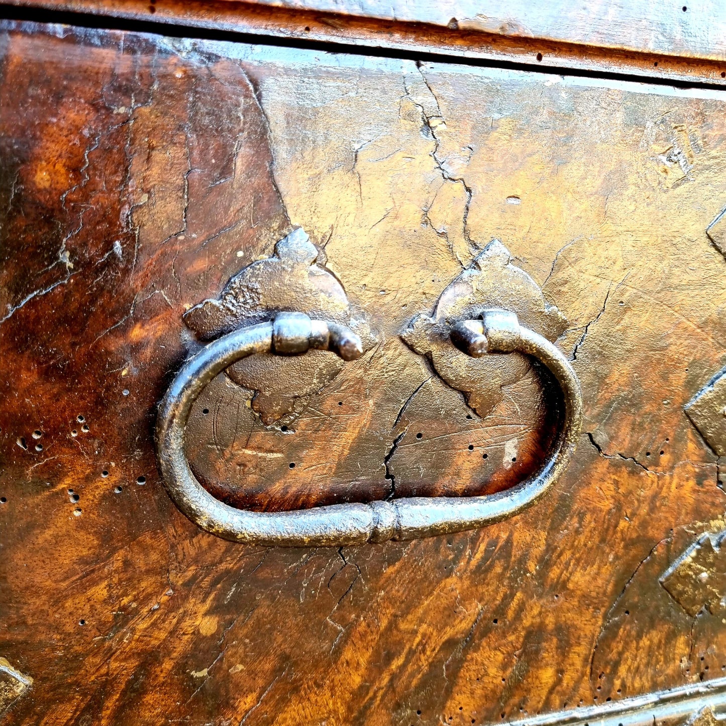 Stunning Late 16th Century Continental Antique Burr Wood Veneer Box with Original Iron Strapwork & Lock Plate