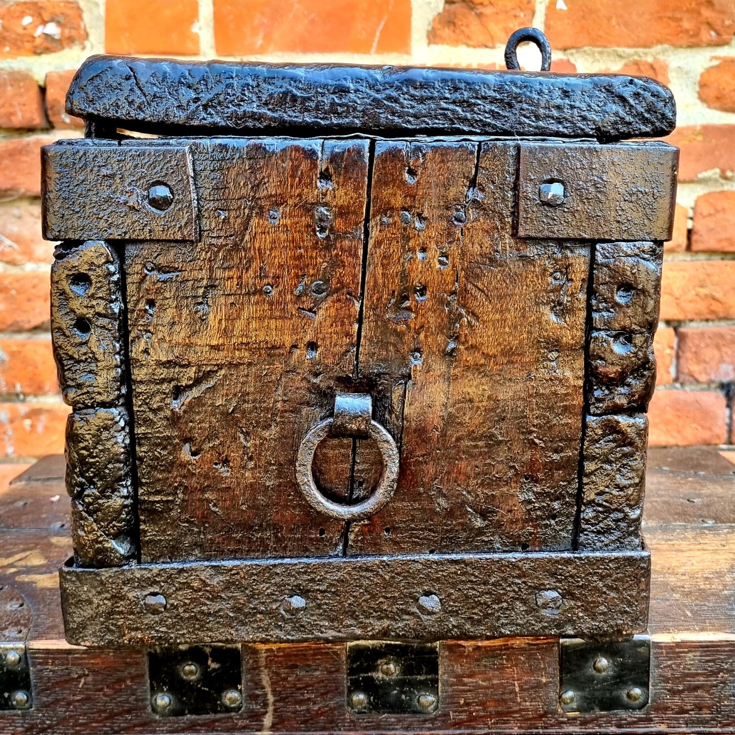 Late 15th Century Antique Oak Strong Box or Alms with Original Ironwork and Iron Bindings