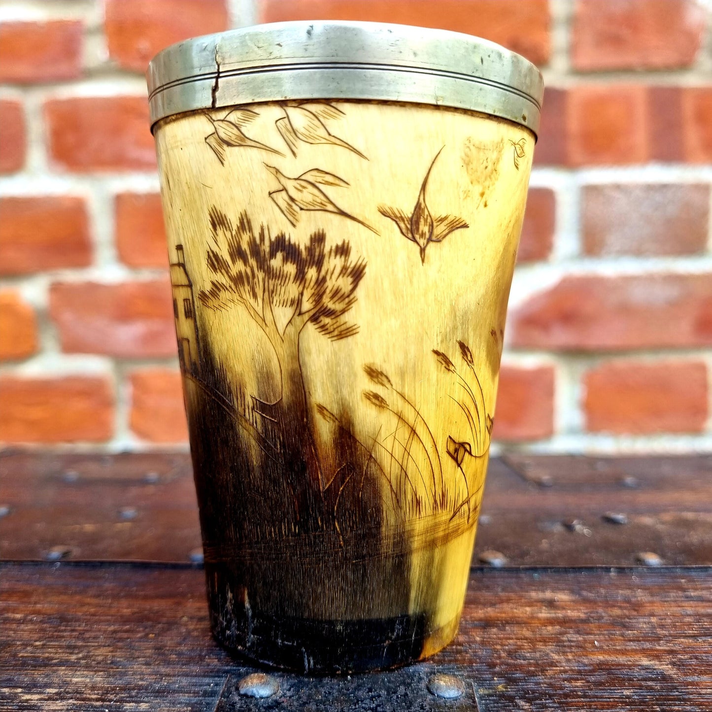 Early 19th Century English Antique Folk Art Scrimshaw Horn Beaker Decorated with a Hunting Scene