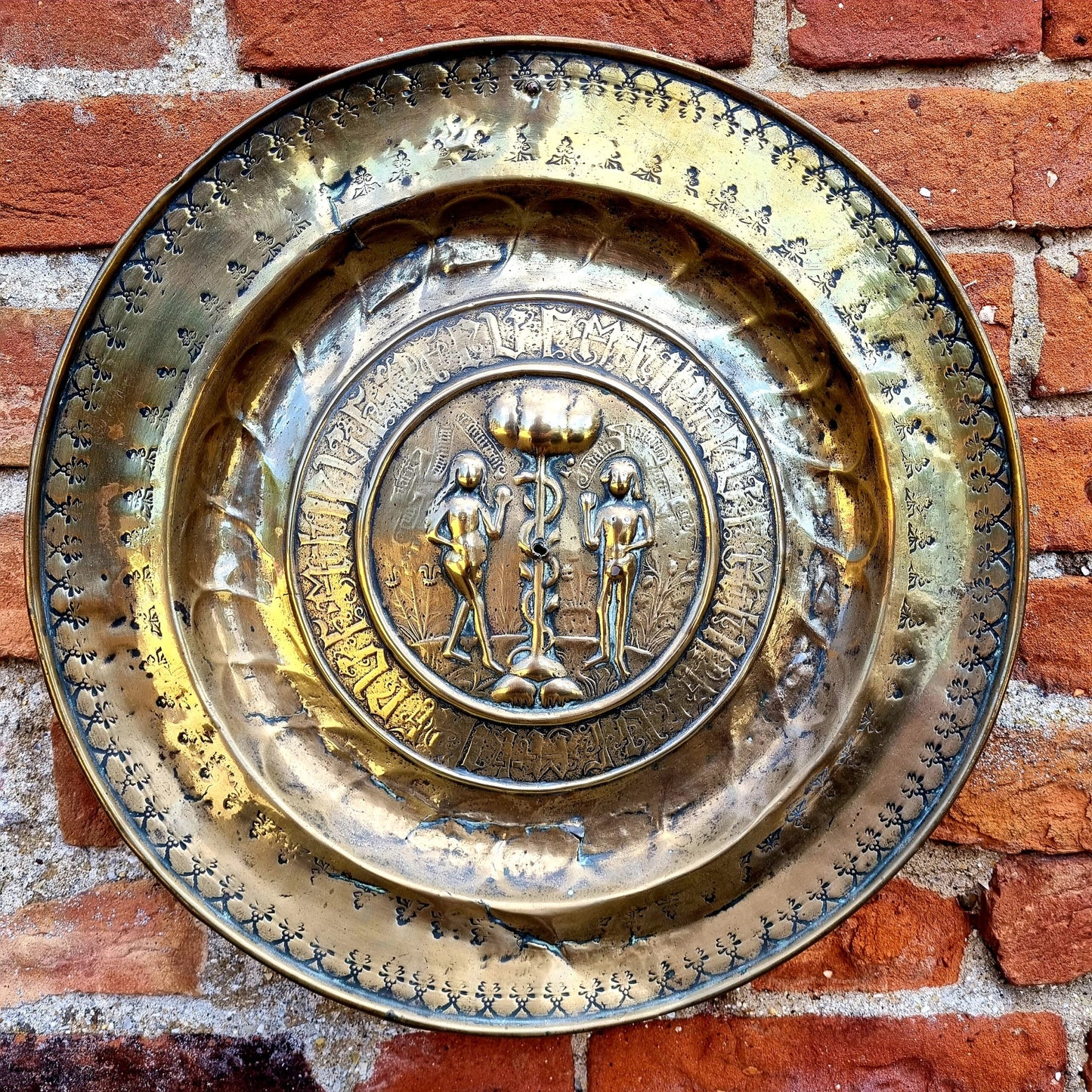 17th Century German Antique Brass Adam & Eve Alms Dish Attributed to Nuremberg