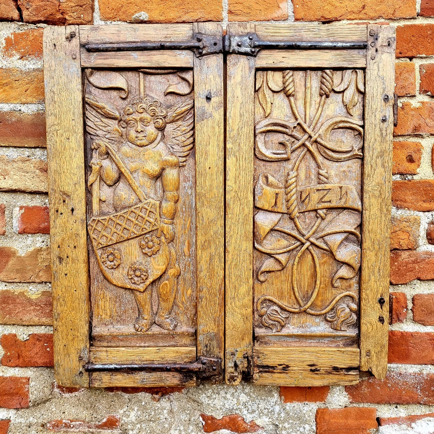 Pair of Early 16th Century Antique Carved Oak Window Shutters, Dated "1525" & Bearing the Initials "GC"