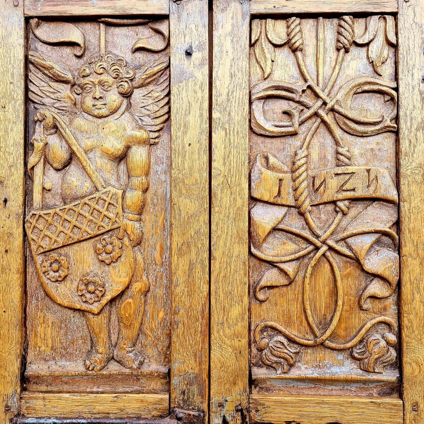 Pair of Early 16th Century Antique Carved Oak Window Shutters, Dated "1525" & Bearing the Initials "GC"