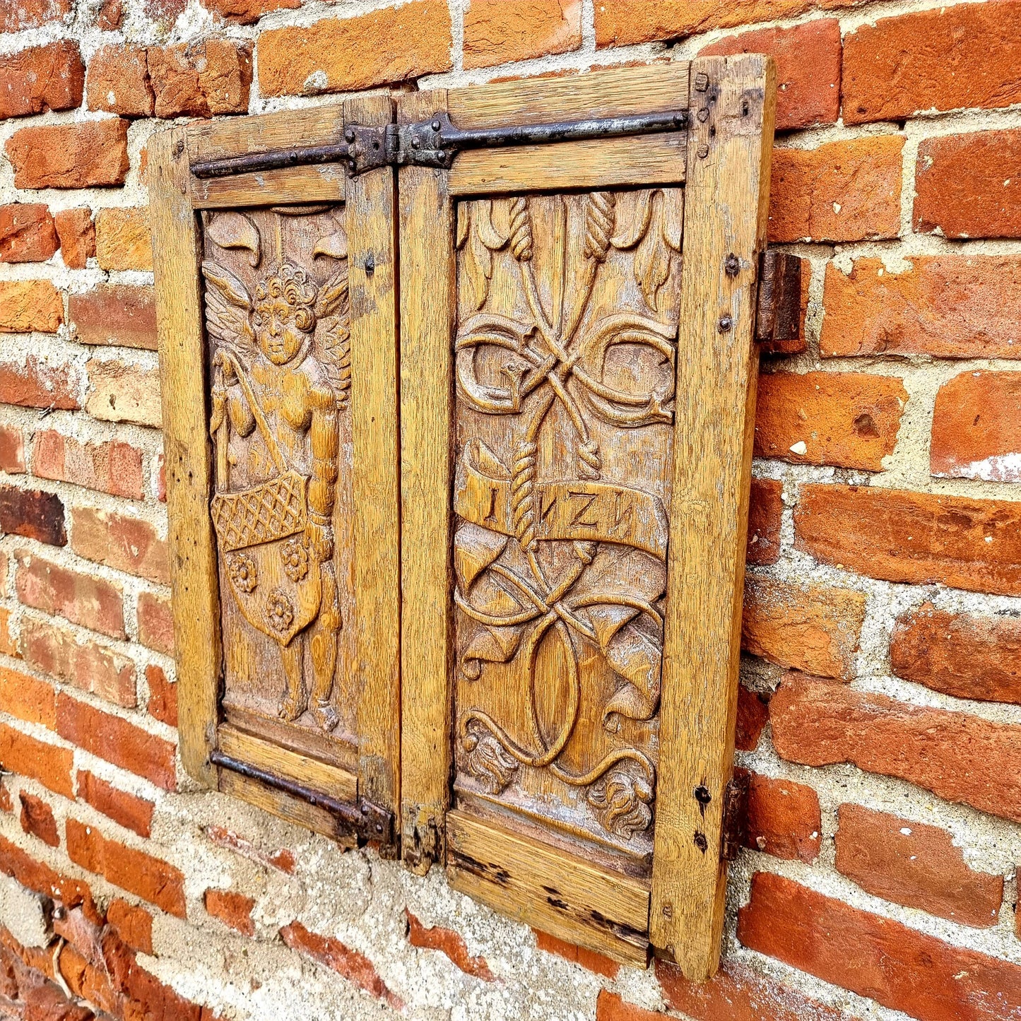 Pair of Early 16th Century Antique Carved Oak Window Shutters, Dated "1525" & Bearing the Initials "GC"