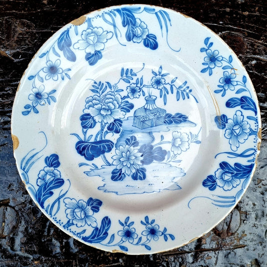 Mid 18th Century English Antique Delftware Plate in the Chinoiserie Manner, Attributed to Liverpool
