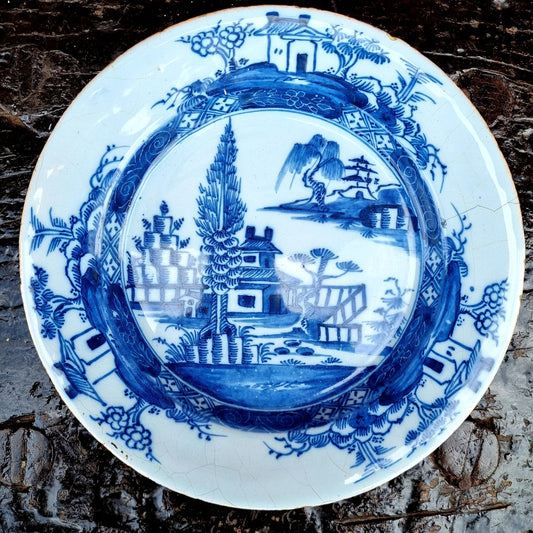 Mid 18th Century English Antique Delftware Plate in the Chinoiserie Manner, Attributed to Liverpool