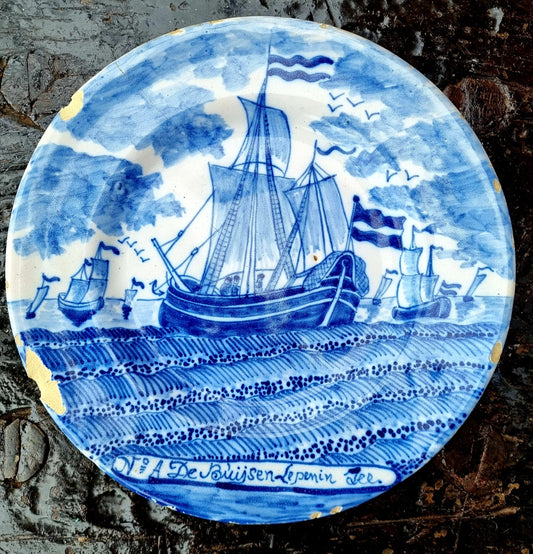 Rare Late 18th Century Dutch Antique Delftware Plate from "The Herring Catch" series of plates, circa 1780