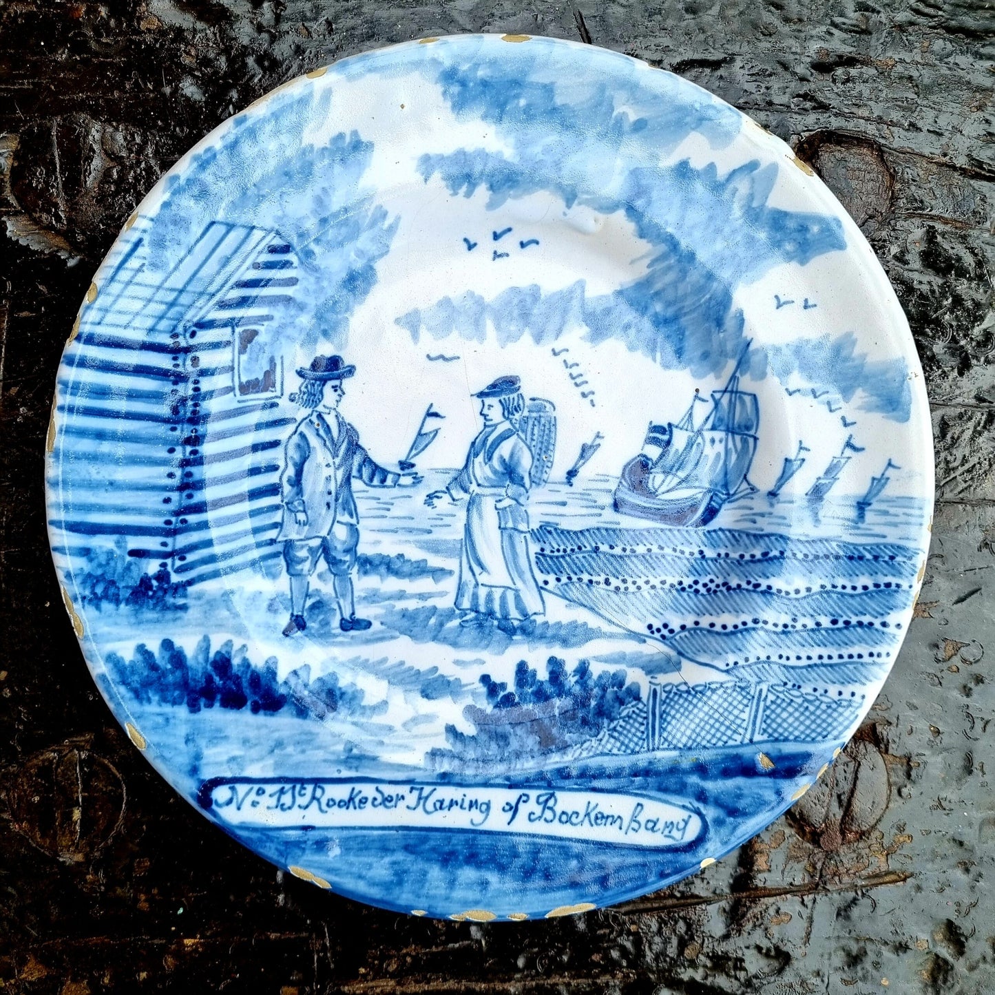 Rare Late 18th Century Dutch Antique Delftware Plate from "The Herring Catch" series of plates, circa 1780 - An almost identical example is held in the collection of The Minneapolis Institute of Art, USA