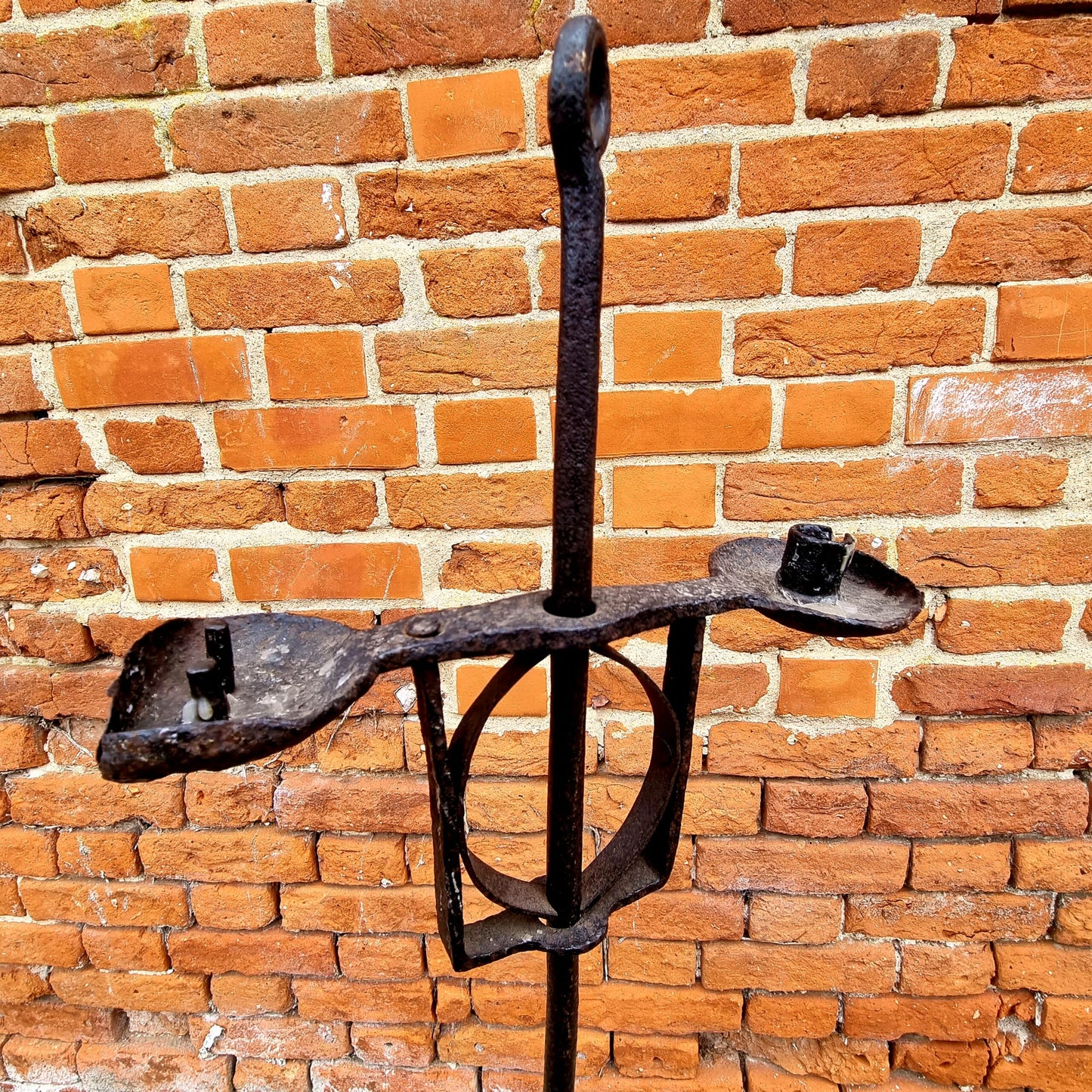 18th Century Scottish Antique Wrought Iron Floor Standing Adjustable Candle Holder with "Save All" Socket