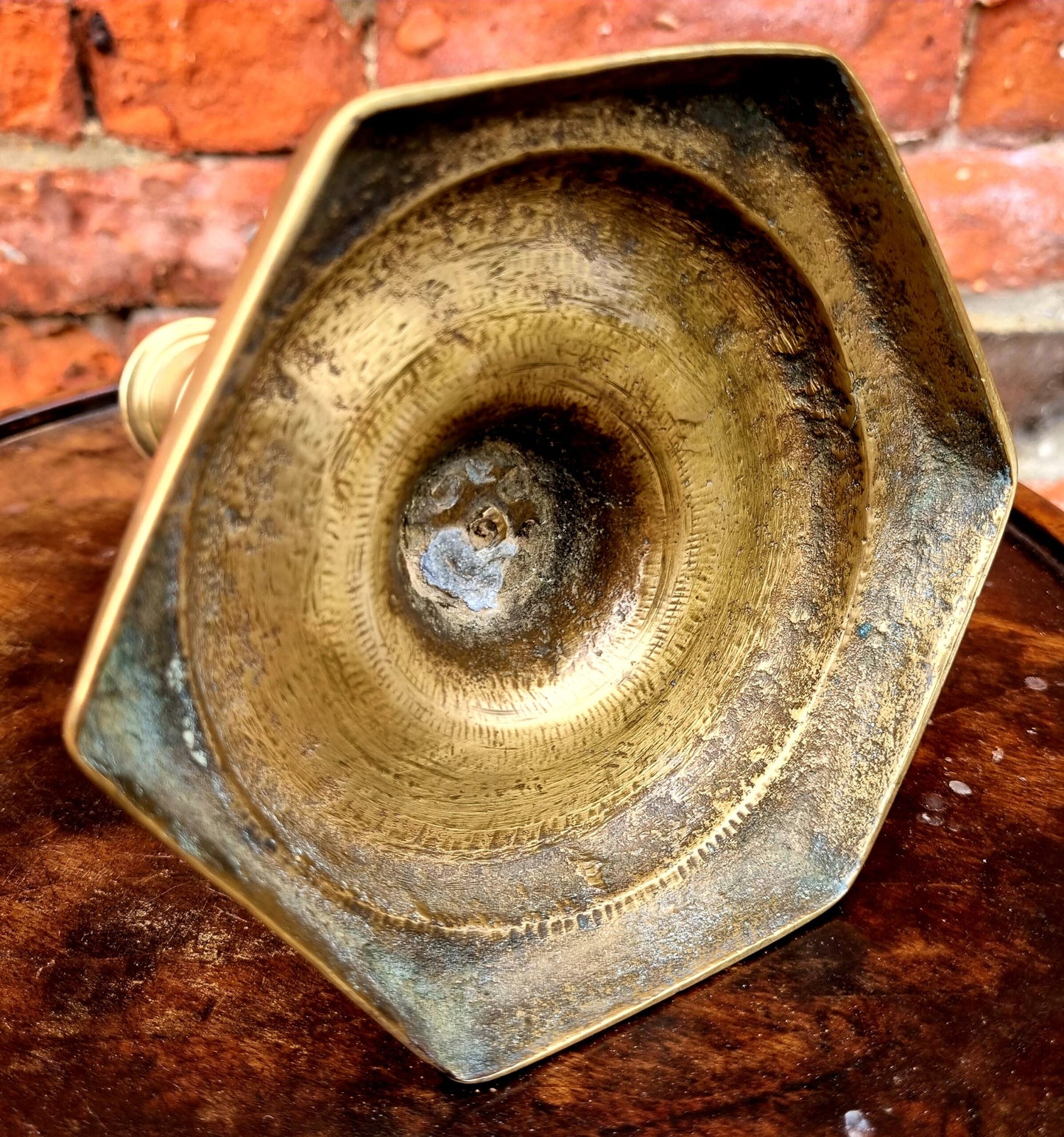 17th Century French Antique Brass Candlestick, circa 1680, bearing the initials "MVH"