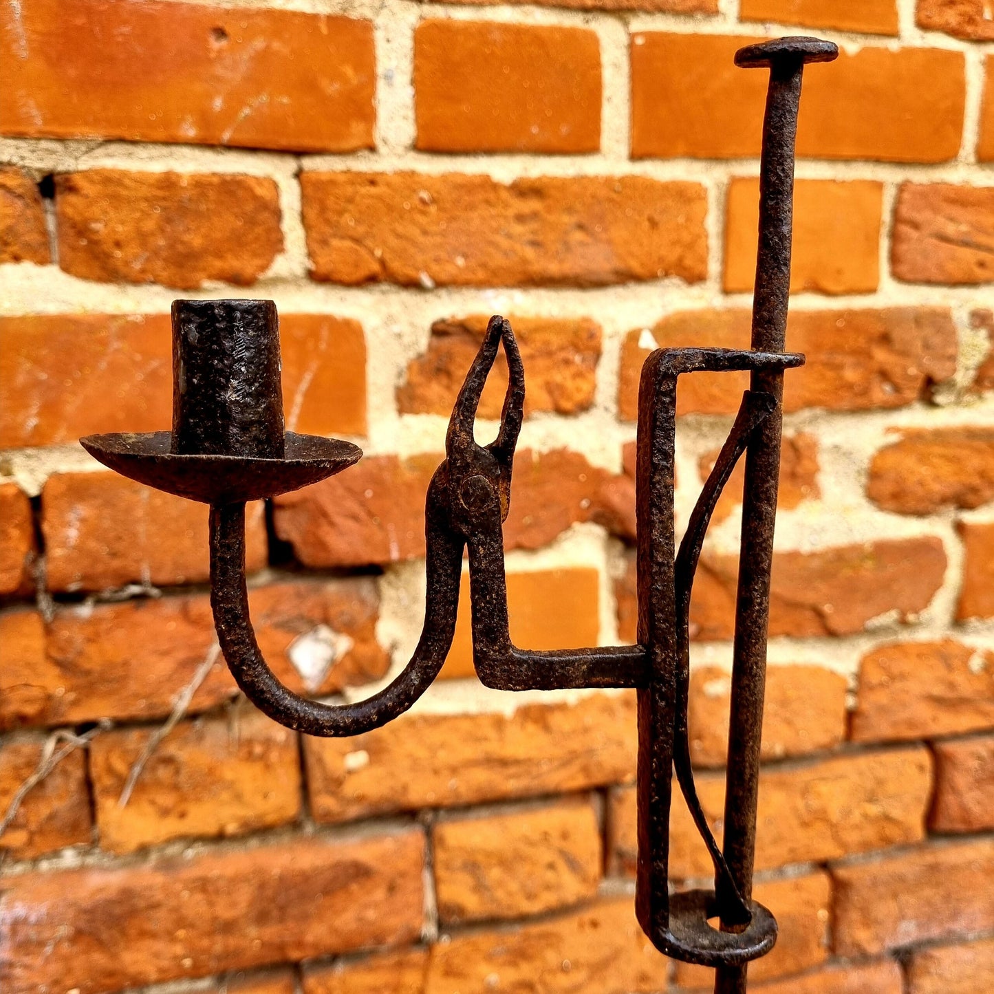 George III Period English Antique Wrought Iron Floor Standing Adjustable Candle Holder and Rushlight, Attributed to Sussex, Circa 1800