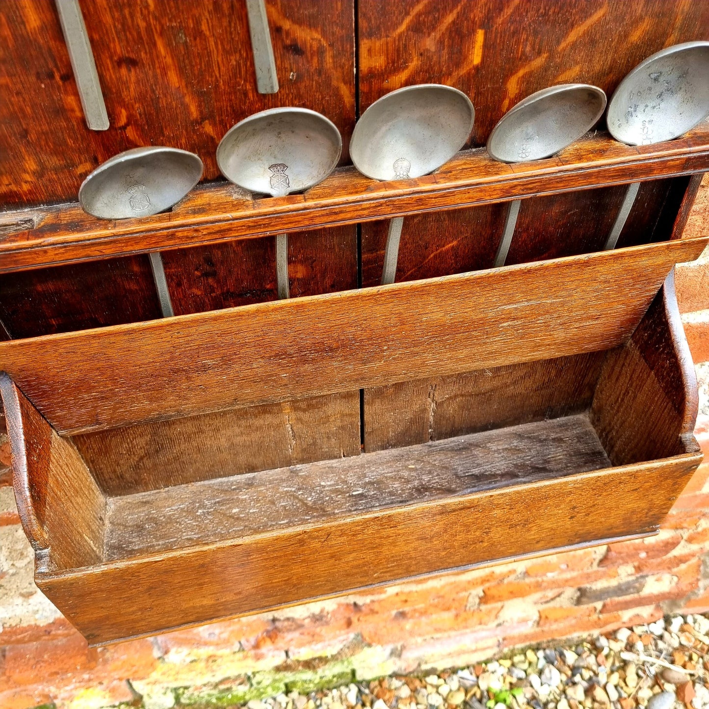 Late 18th Century English Antique Oak Spoon Rack with an Associated Set of Eight 17th Century Antique Pewter Slip Top Spoons