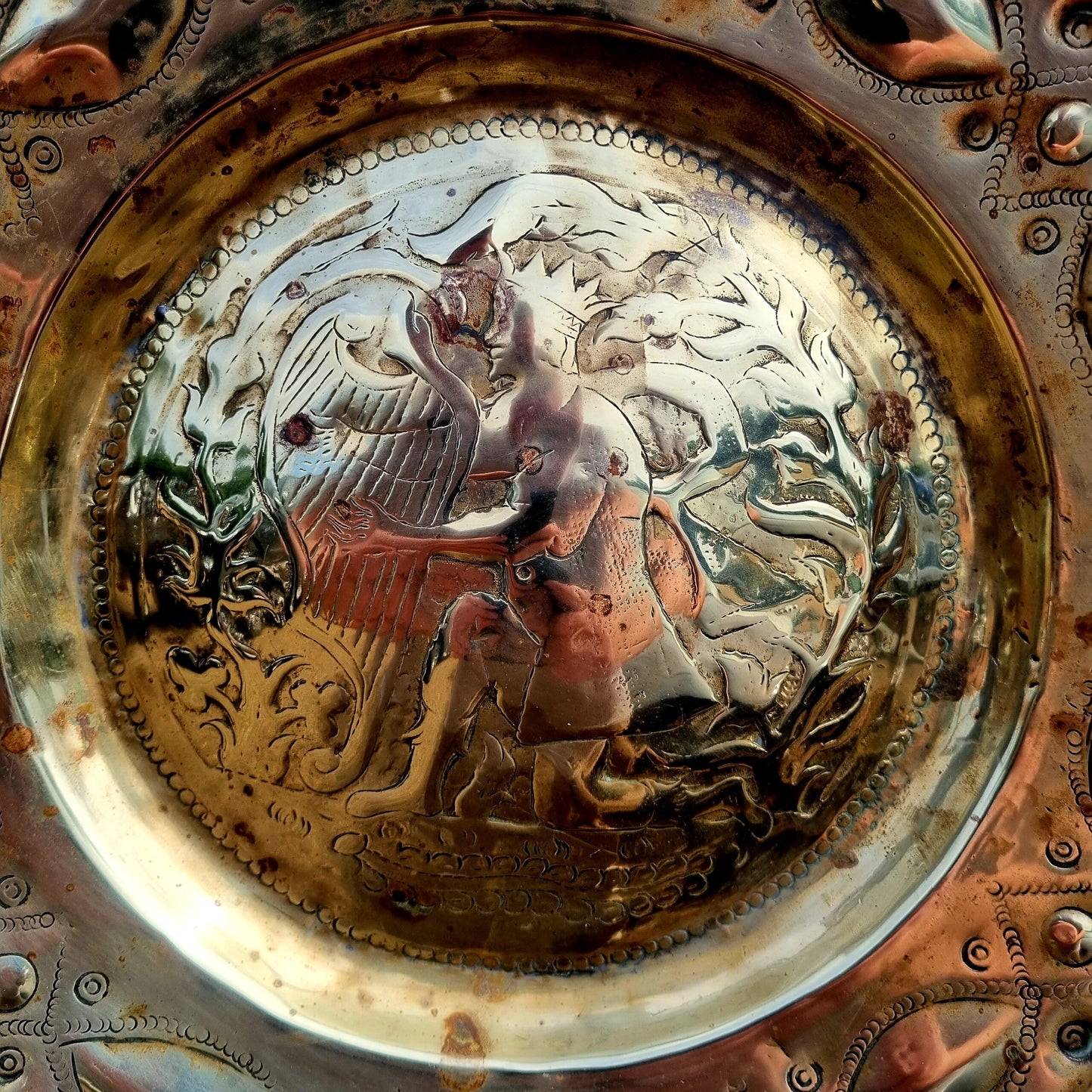 16th Century German Antique Brass Nuremberg Alms Dish Decorated with King David Playing a Harp