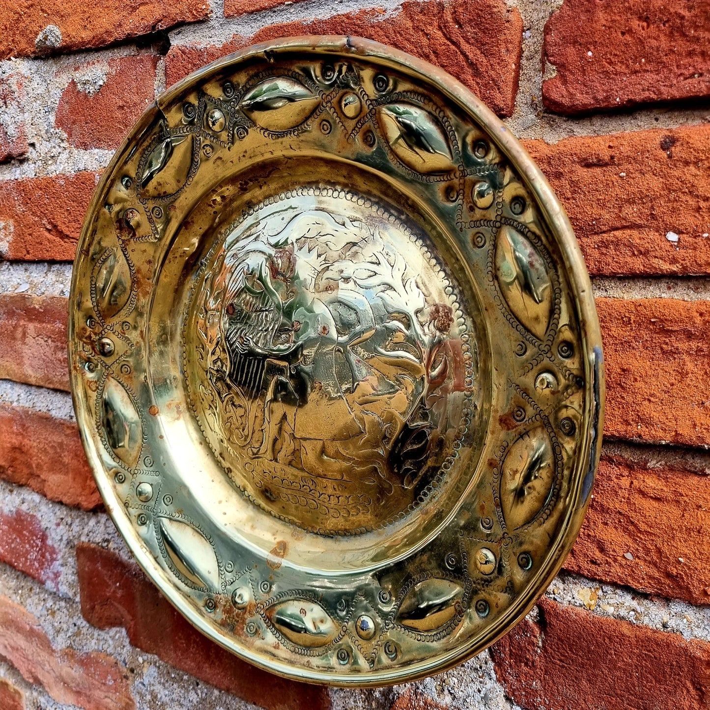 16th Century German Antique Brass Nuremberg Alms Dish Decorated with King David Playing a Harp