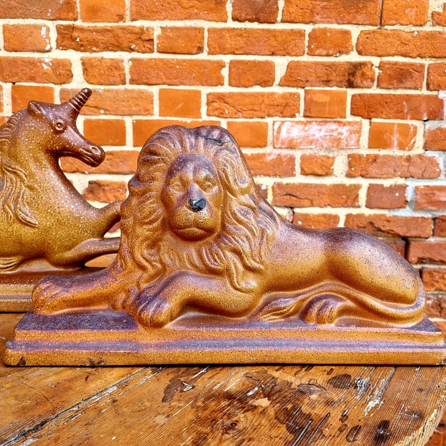 Pair of Large 19th Century English Antique Pottery Salt Glazed Stoneware Figures Depicting the Lion and Unicorn
