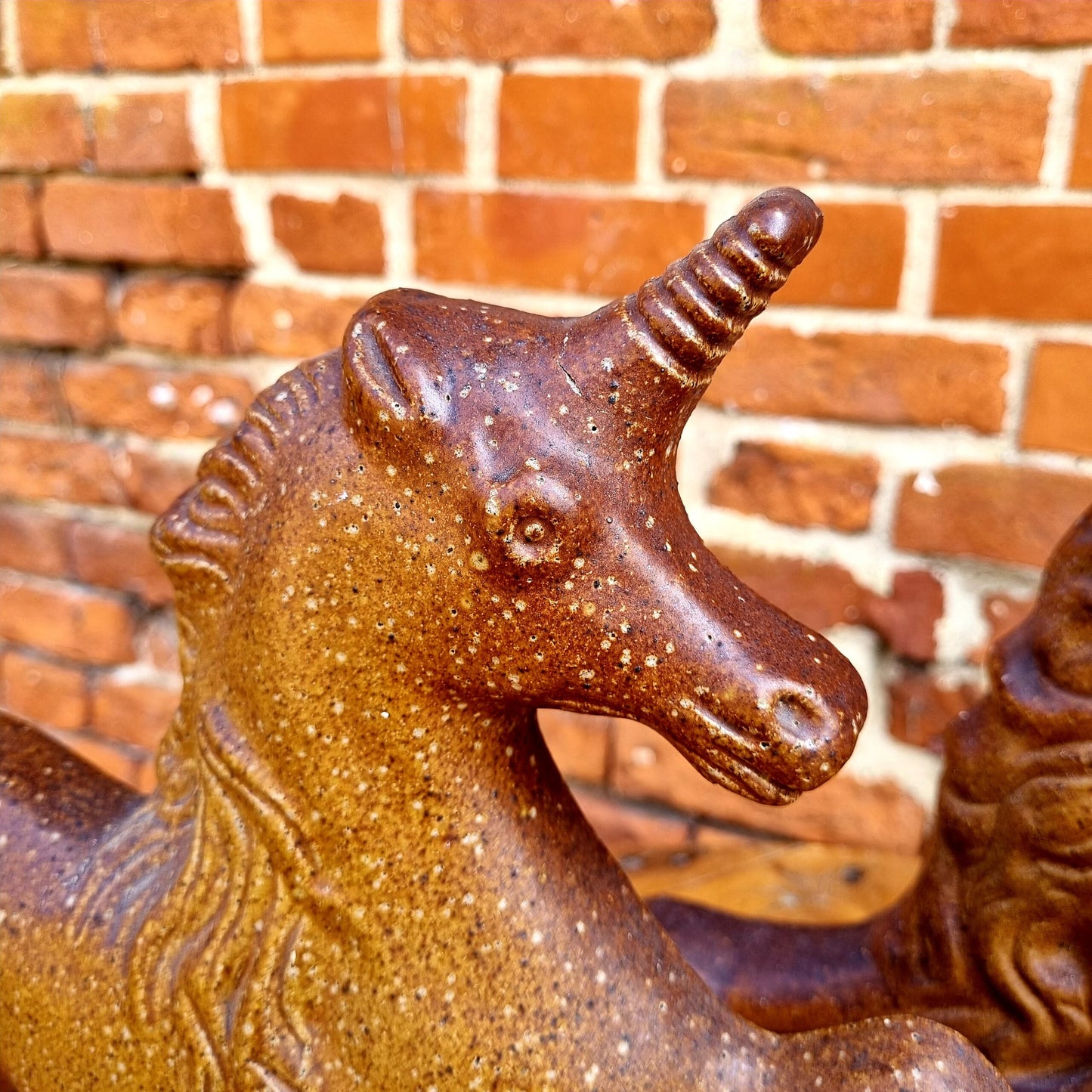 Pair of Large 19th Century English Antique Pottery Salt Glazed Stoneware Figures Depicting the Lion and Unicorn