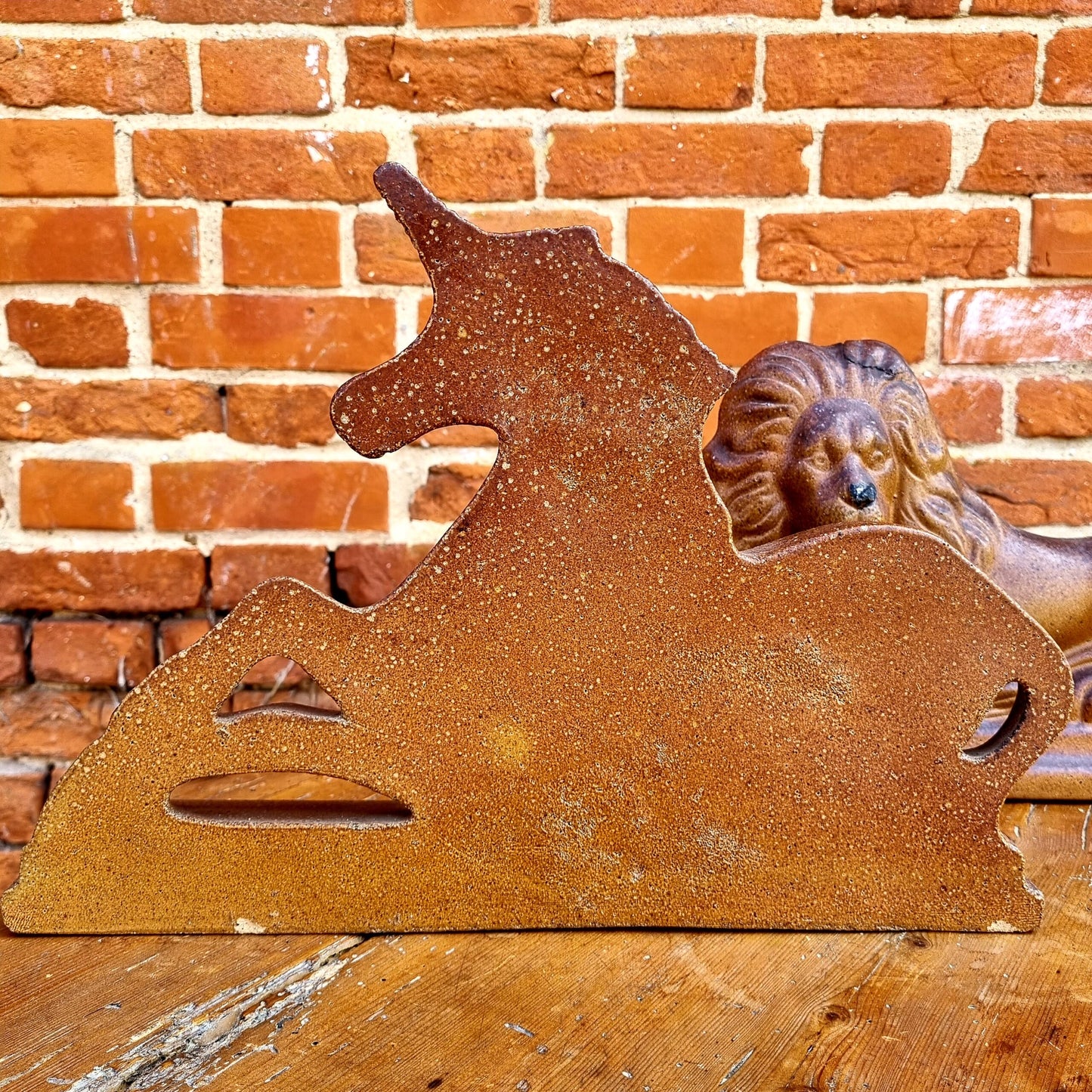 Pair of Large 19th Century English Antique Pottery Salt Glazed Stoneware Figures Depicting the Lion and Unicorn