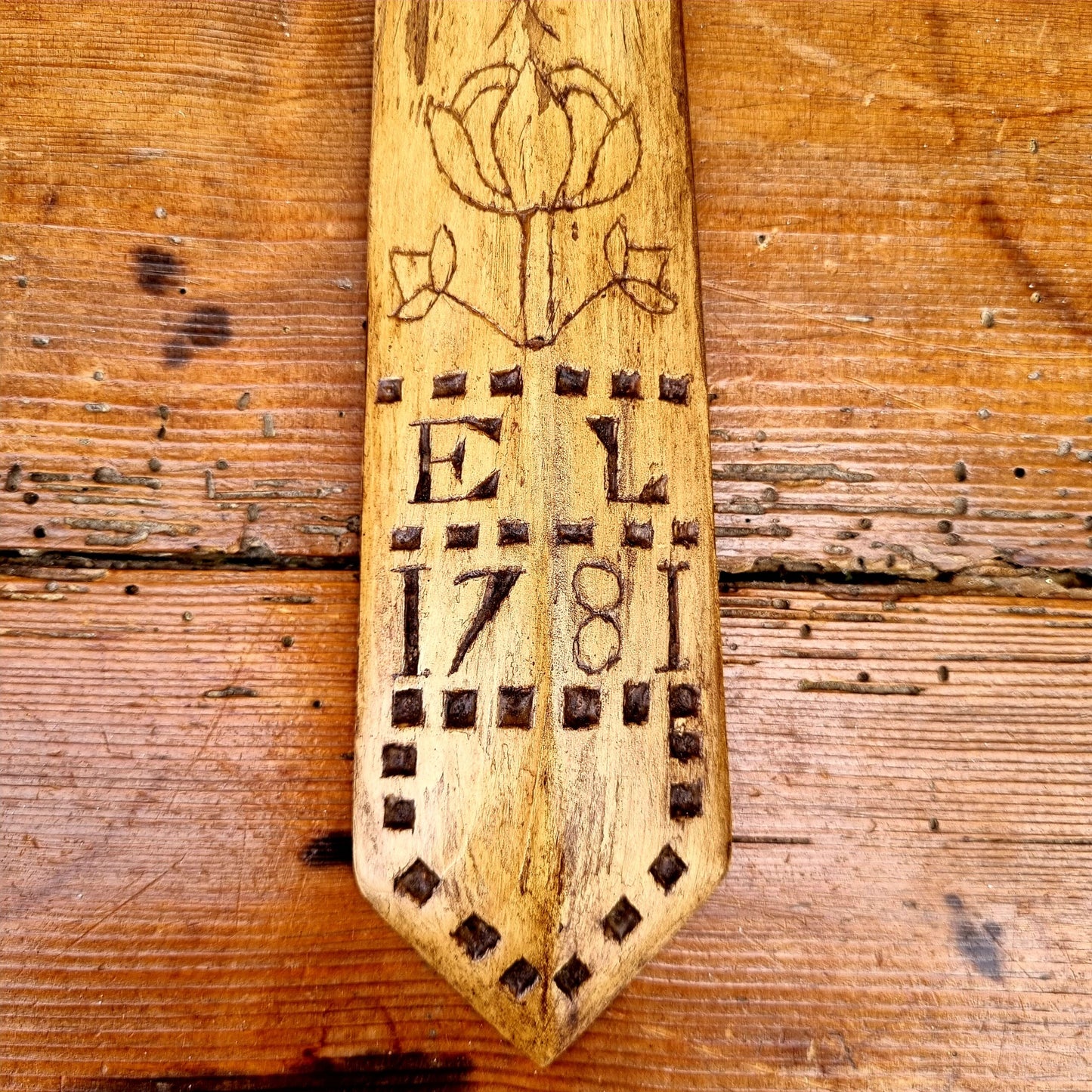 18th Century English Antique Treen Folk Art Stay Busk Love Token Bearing The Initials "EL" & Dated "1781"